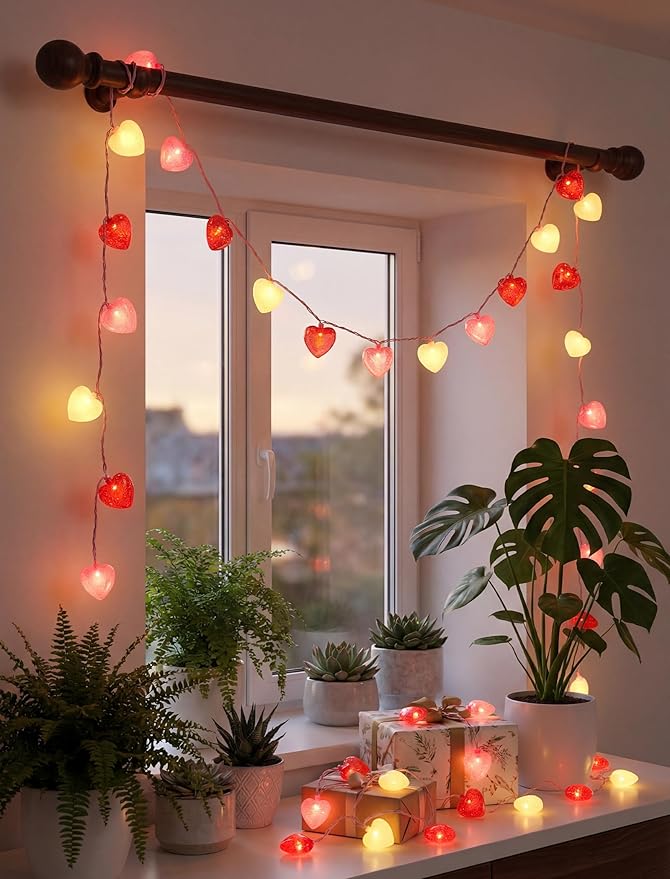 12Ft Heart String Lights, Valentines Day Decorations Lights with 20 LED Glitter Red White Pink Heart Light, Plug in Fairy Lights for Wedding Anniversary Proposal Valentines Day Decor