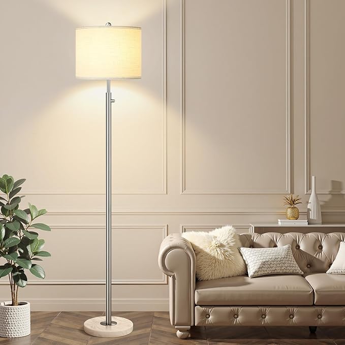 【Upgraded】 Dimmable Floor Lamp for Living Room, 11W LED Bulb Included, Modern Standing Lamp with Marble Base, Tall Pole Light with Linen Shade for Bedroom Reading Office Corner Nursery-Brushed Nickel