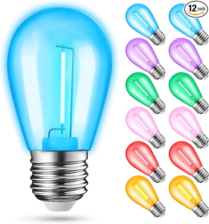 12-Pack Colored String Light Bulbs, Patio String Light Replacement Bulbs for Outdoor Indoor, 1W E26 Base S14 LED Color Light Bulbs for Christmas Halloween,Holiday,Home Decor