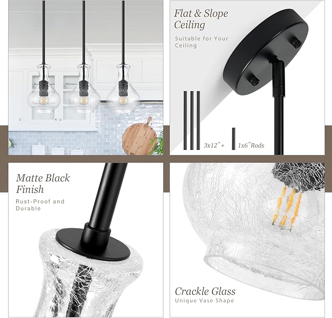 Black Pendant Lights Kitchen Island, 5.9" Unique Crackle Glass Pendant Light Fixtures with Adjustable Rods, Modern Single Hanging Lighting for Kitchen Island, Sink, Bathroom, E26 Base