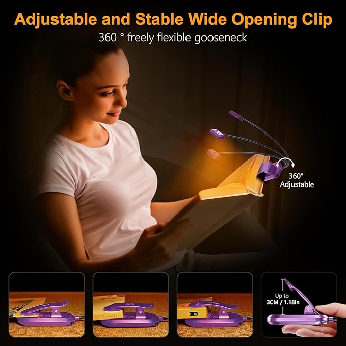 Gritin Rechargeable Book Light for Reading in Bed with 19 LED &Memory Function-Eye Caring 3 Color Temperatures,5 Brightness Levels,90 Hrs Runtime Flexible Goose Neck Clip on Light-Dark Purple