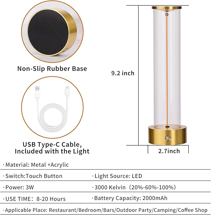 Mini Minimalist Tabe Lamp with Breathing Effect, Cordless LED Desk Lamp Rechargeable Modern Night Lights Portable Lamp for Gaming, Home Office, Bedroom, Living Room, Kitchen, Bar, Restaurant (Gold)