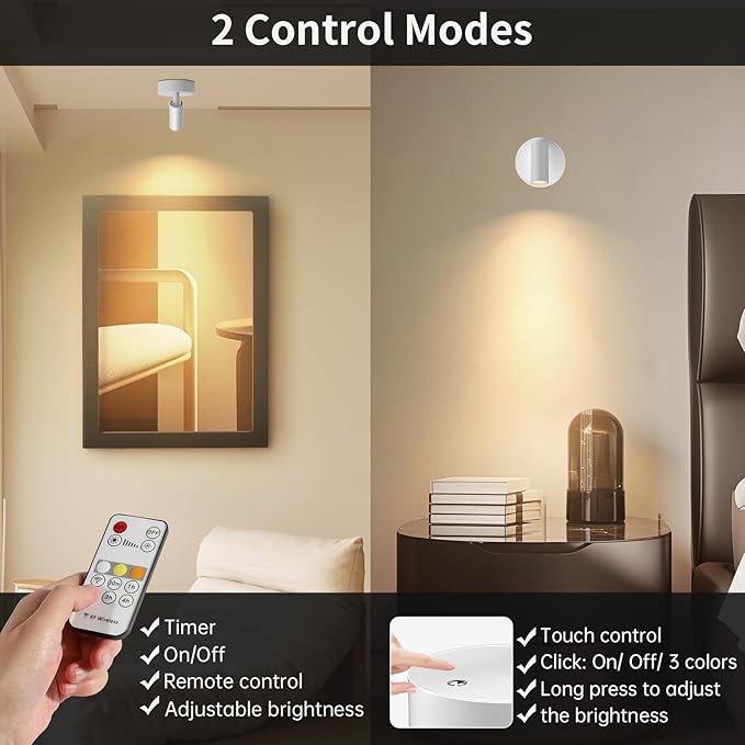 Spotlight Indoor, Wireless Battery Operated with Remote,Uplight Indoor Down Light for Picture on Wall, Plant Spotlight Dimmable Timer, Mini Ceiling Lights Painting for Trees Plant,White 2 Pack