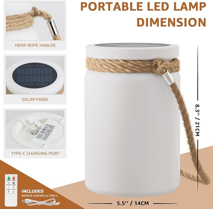 uuffoo Solar Table Lamp Lantern LED Outdoor Cordless IP44 RGB and Warm White Dimmable for Patio Camping Restaurant Terrace