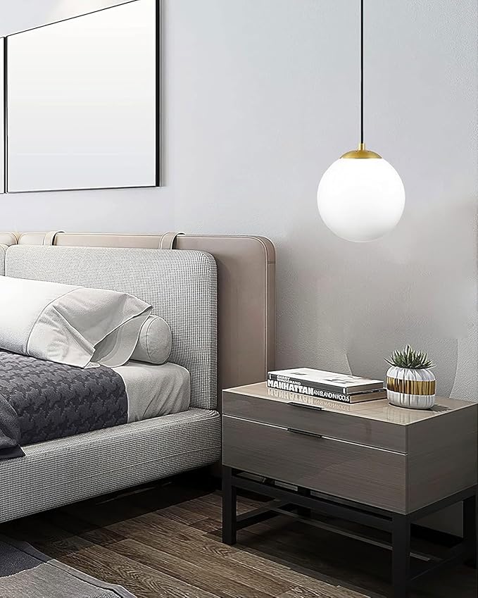 KoKo&Yukina 8 Inch Gold Modern Globe Pendant Light White Glass with Brass Finish Contemporary Mid Century Adjustable Hanging Light Fixture for Living Room Bedroom Bathroom Kitchen (Bulb Incl.)