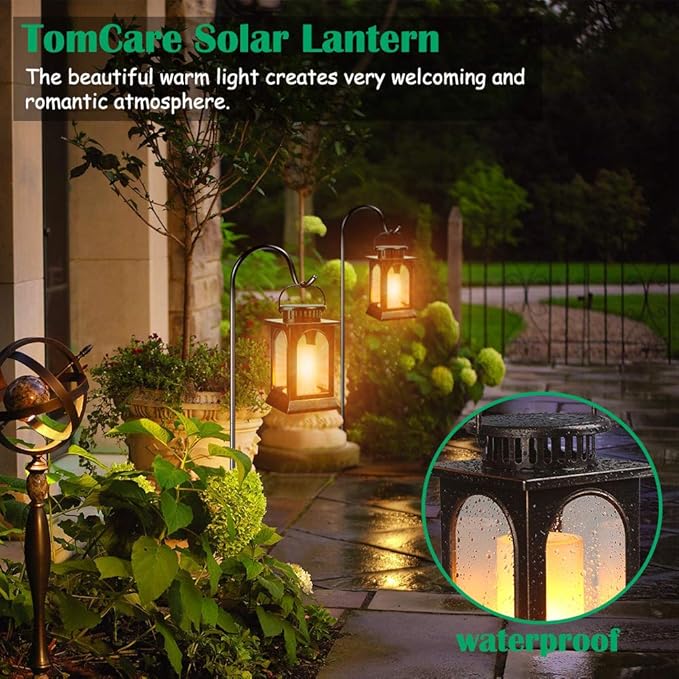 TomCare Solar Lights Flickering Flame Upgraded Metal Solar Lantern Outdoor Hanging Decorative Lanterns Heavy Duty Solar Powered Waterproof Outdoor Lighting for Patio Garden Christmas, 2 Pack (Bronze)