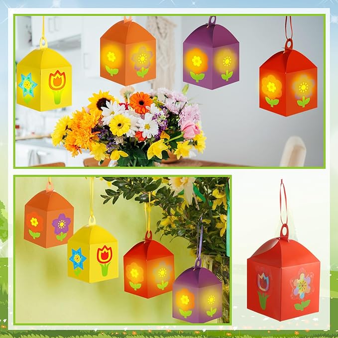 12 Sets Spring Floral Flower Craft with LED Lights Colorful Flower Tissue Paper Crafts Kits DIY Hanging Suncatchers Lanterns Kits for Window Decor Spring Summer Favors Home Activities