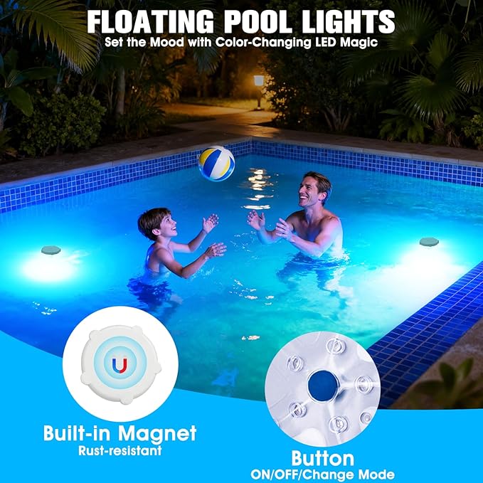 Floating Pool Lights, Upgraded Pool Light That Float, Starfish Pools Lights for Above Inground Pools, IP68 Waterproof Color Changing Magnetic Pond Light for Hot tub,Bathtub,Halloween,Christmas-2pcs