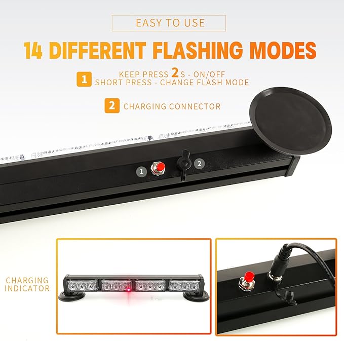 BooYu 14.8" Amber Battery Powered Emergency Strobe Lights Bar for Truck Vehicle Trailer Rechargeable Roadside Wireless Rooftop Mini Hazard Flashing LED Beacon Warning Light w/Magnetic Base