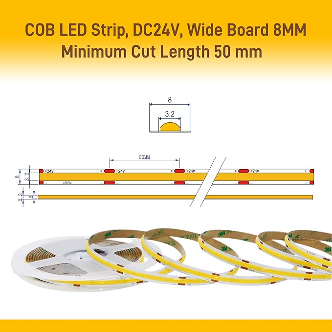 COB LED Strip Lights Warm White,24V Dimmable led Light Strip KIT with Remote and app Control,2700K 9.84FT/3m 8mm Wide Ra>90 Cuttable Flexible Strip Lights for Bedroom,Wardrobe,Cabinet
