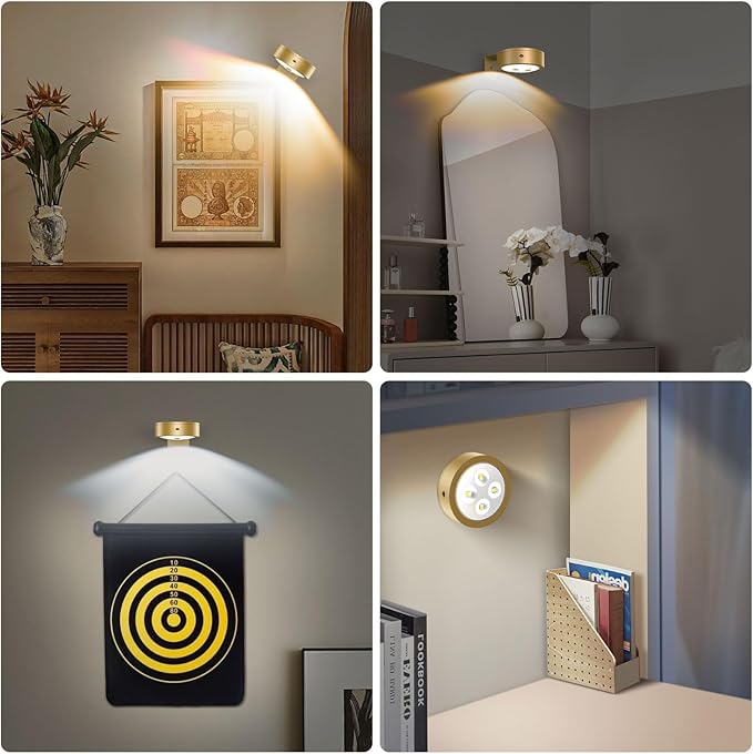 3Pack Wireless Picture Light,Battery Operated Painting Light with Remote,Magnetic Timer Display Art Lamp for Wall,Dimmable Picture Frame Light for Frame Artwork,Wall Decor Puck Lights-Gold