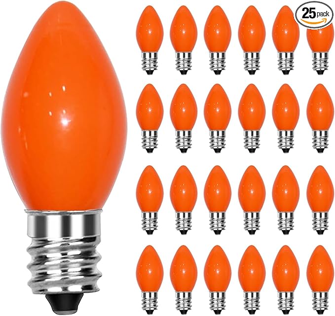 GOOTHY 25 Pack C7 Halloween Replacement Light Bulbs, Orange Ceramic Christmas Lights for Halloween Outdoor Patio Indoor Xmas String Lights, C7/E12 Candelabra Base, 5 Watt, Orange
