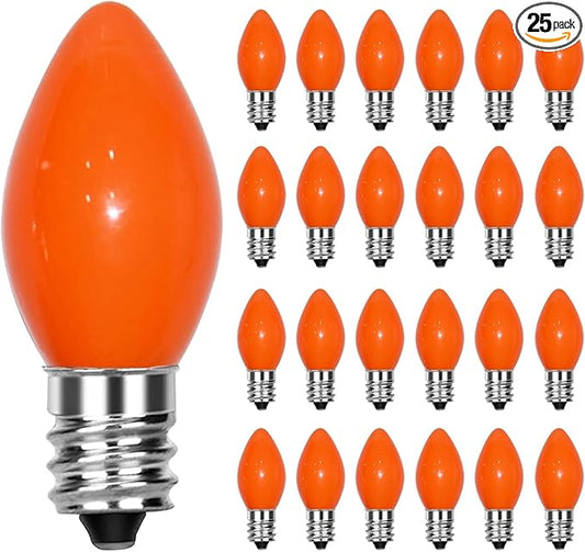 GOOTHY 25 Pack C7 Halloween Replacement Light Bulbs, Orange Ceramic Christmas Lights for Halloween Outdoor Patio Indoor Xmas String Lights, C7/E12 Candelabra Base, 5 Watt, Orange