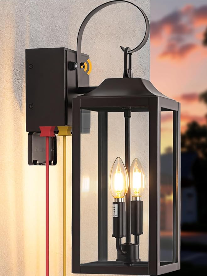 Porch Lights with GFCI Outlet, 19" Brown Dusk to Dawn Outdoor Wall Lantern 2-Light, Exterior Lighting Fixtures with GFCI Outlet Built-in, Waterproof Bronze Outdoor Wall Sconce for House, 1 Pack
