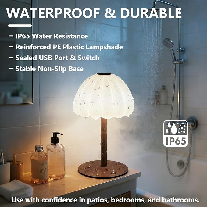 Cordless Waterproof Shower Lamp, IP65 Rechargeable Touch Dimmable Light for Inside Shower, 4500mAh Battery Operated Color Changing Water Proof Table Lamp for Bathroom, Bedroom (Brown)