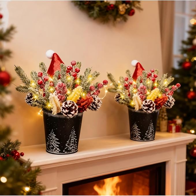 KC&KST 2PC Christmas Centerpieces for Tables with LED Lights - Tabletop Artificial Floral Arrangement Decorations, Pine Cones and Berries, Xmas Small Potted Holiday Table Decor(Small Christmas Tree)