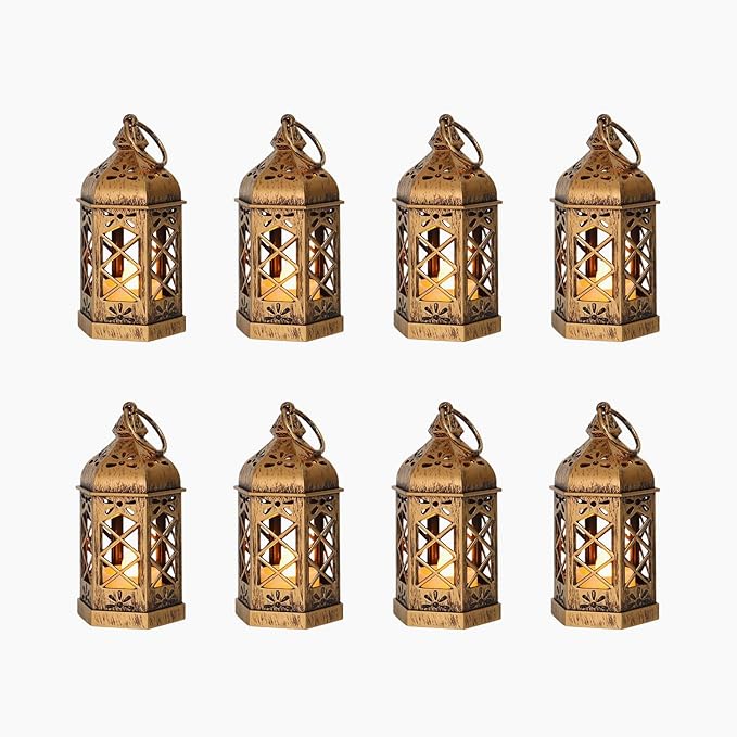8-Pack Mini Lanterns, Small Decorative Lanterns with Flickering LED Candles for Ramadan, Christmas, Wedding, Hanging Moroccan Lantern, Table Centerpiece, Baby Shower Decorations, Bronze