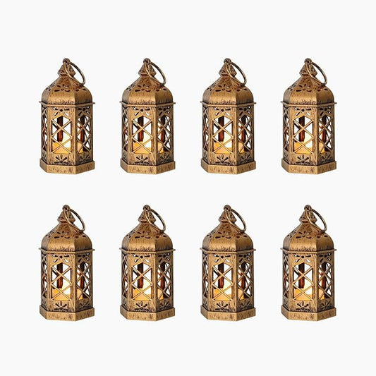 8-Pack Mini Lanterns, Small Decorative Lanterns with Flickering LED Candles for Ramadan, Christmas, Wedding, Hanging Moroccan Lantern, Table Centerpiece, Baby Shower Decorations, Bronze