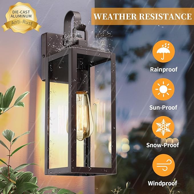 16'' Large Dusk to Dawn Outdoor Lighting 2 Packs, Modern Outdoor Lanterns for Porch, Waterproof Exterior Light Fixture Wall Sconces Lamps, Outside Lights for House Patio, Garage, Farmhouse, Brown