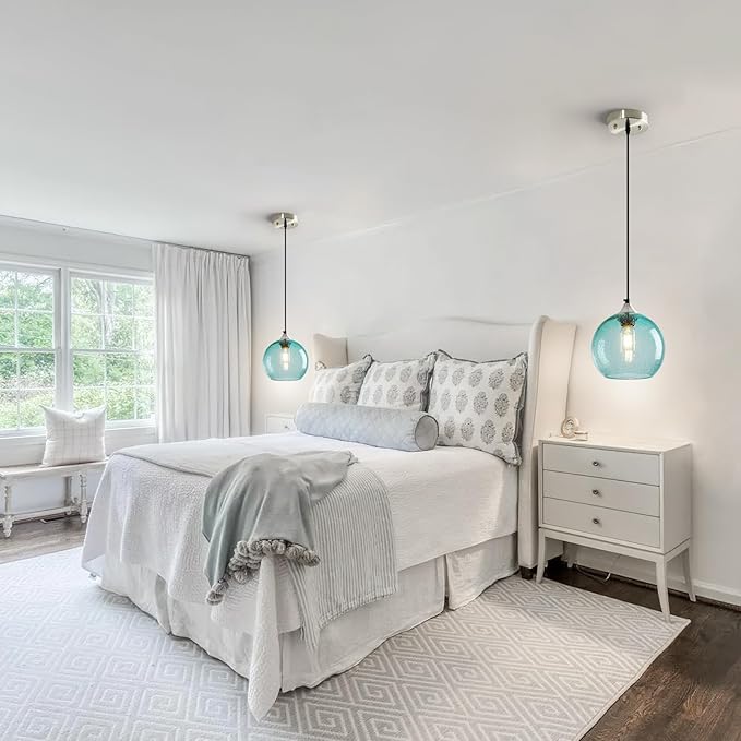 Light Blue Glass Pendant Lights Kitchen Island Lighting Globe Pendant Light Fixtures Modern Pendant Lighting for Bedroom Living Dining Room Light Fixture (7.87 in, 3 Pack)