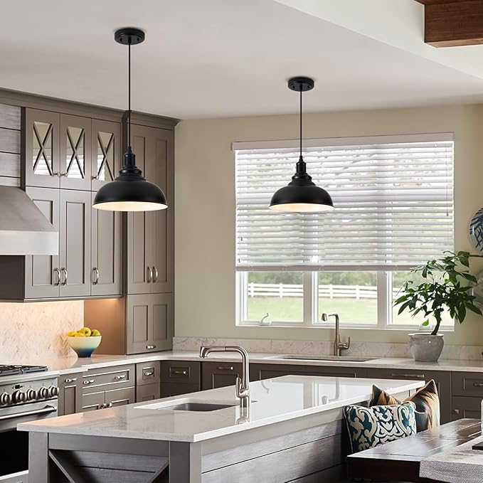 2 Pack Farmhouse Pendant Light Black Pendant Lights Kitchen Island Industrial Adjustable Hanging Barn Lamp Pendant Lighting Over Island Sink Light Fixtures