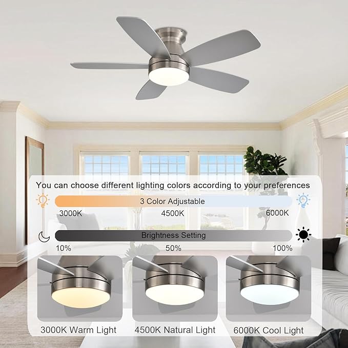 Ceiling Fans with Lights, 42 Inch Low Profile Ceiling Fan with Light and Remote/App Control, Flush Mount, Reversible, 3CCT, Dimmable, Noiseless, Nickel Ceiling Fan for Indoor/Outdoor Use