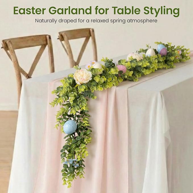 6FT Prelit Easter Garland with 20 LED Lights, Lighted Artificial Easter Egg Garland for Mantle, Battery Operated with 8 Mode Timer – Peony & Eucalyptus Accents