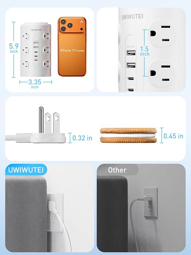 Tower Power Strip with 1 Dedicated PD 20W Fast-Charging Port, 12 Outlets, 5 USB Ports (3 USB-C), 1800J Protector, Desk Charging Station for Multiple Devices,15FT Extension Cord, Home Office Essentials