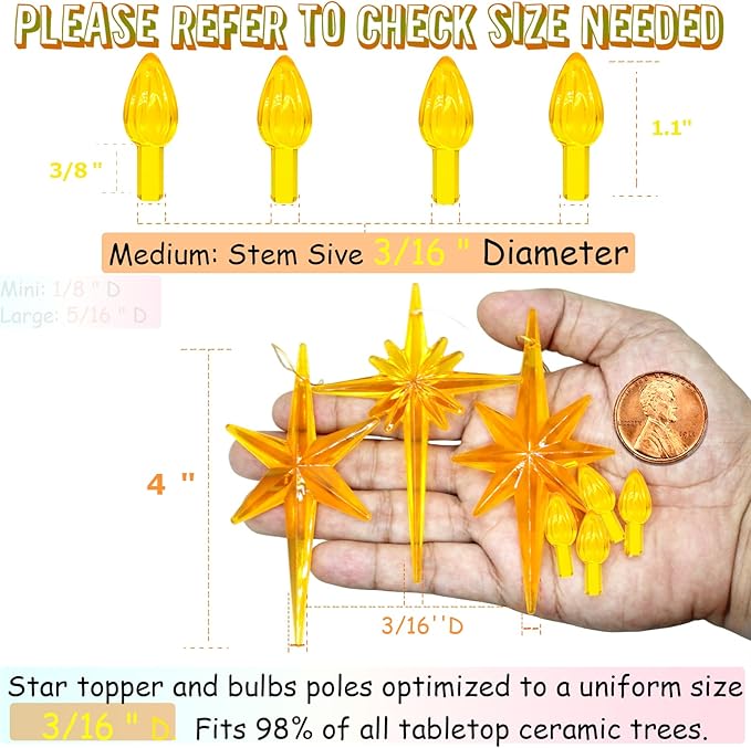 Ceramic Christmas Tree Replacement Lights Bulbs, Golden Yellow Medium Twist Plastics Pegs Ornaments for Ceramic Tree(87 Bulbs＆ 3 Topper Star)
