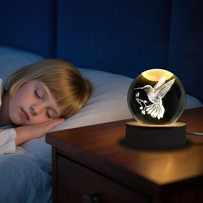 3D Laser Engraved Bird Crystal Ball with LED Stand, 60mm Hummingbird Figurine Lamp Night Light, Glass Hummingbird Globe Paperweight Gift