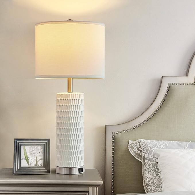 26.5" Ceramic Table Lamp Set of 2, 3 Way Dimmable Touch Control Table Lamp with 2 USB Charging Ports for Bedroom Living Room, Modern Nightstand Lamp End Table Lamps, Bulbs Included