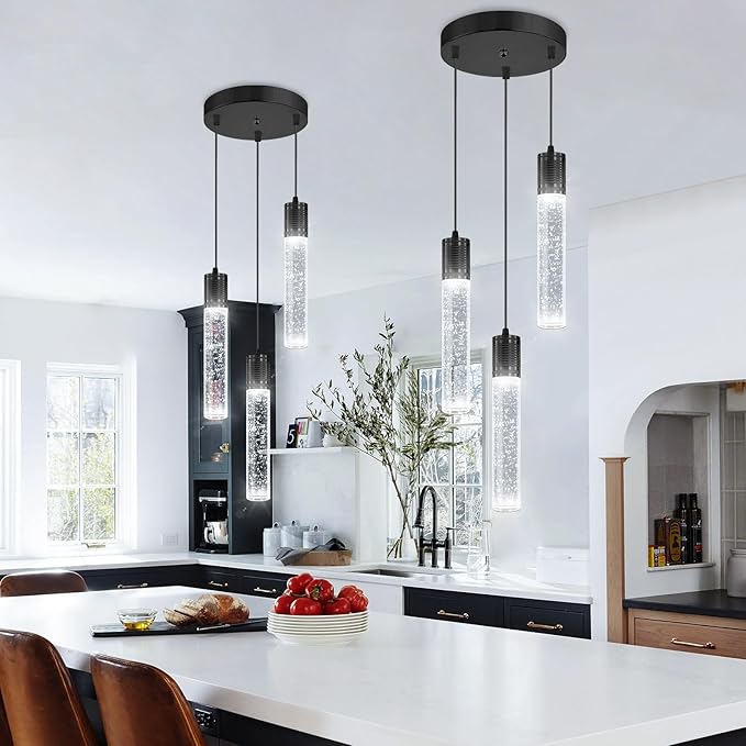 3-Lights Pendants Light for Kitchen Island Chandeliers Dining Room Pendant Lighting Fixture Bubble Crystal Ceiling Hanging Lights Bedroom Island Kitchen 6000K White Light Fixtures Black