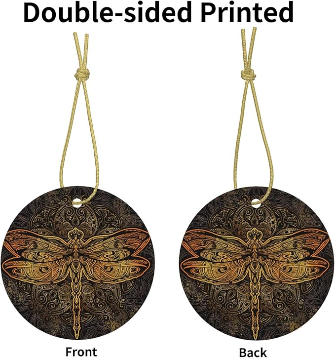 Exquisite Golden Dragonfly Mandala Christmas Ornaments, Christmas Decorations Xmas Tree Hanging Ornaments, Round Ceramic Festive Keepsake Gift for Christmas Decorations Holiday Home Party Decors