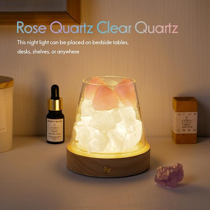 Runyangshi Rose Quartz Clear Quartz Night Lamp Natural Healing Crystal Atmosphere Lamp with Remote Control Bedside USB Port 7 Colours Dimming Mode Bedroom Lamp Home Decor Gift