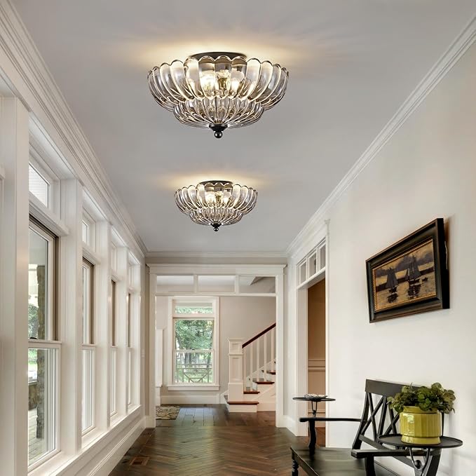 Modern Black Ceiling Light Fixture, 12" Grey Glass Flush Mount Chandeliers, Semi Flush Mount Ceiling Light Fixture Suitable for Living Room Hallway Kitchen Bedroom