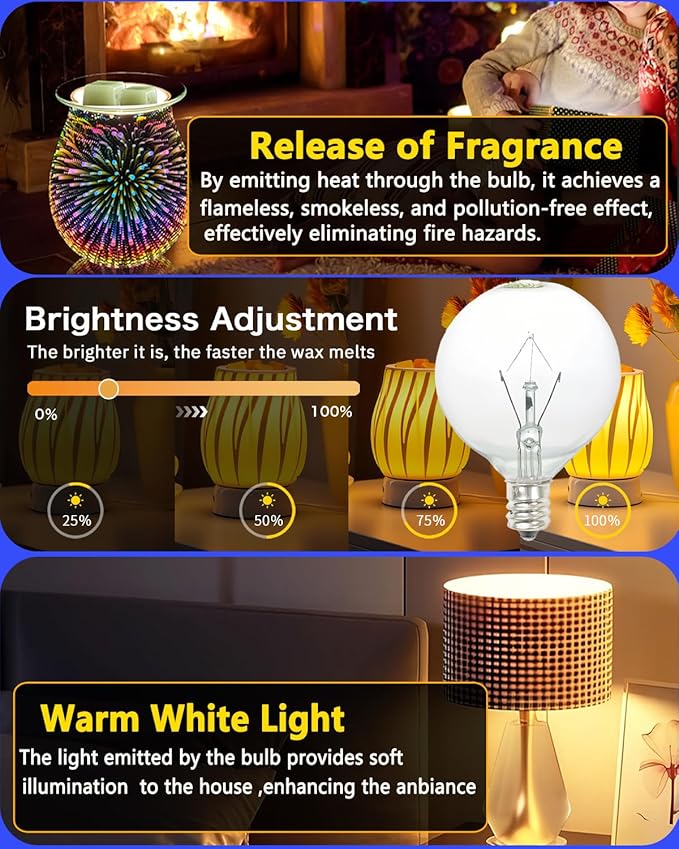 25 Watt Wax Warmer Bulbs,Light Bulbs for Full Size Scentsy Warmer & Candle Wax Warmer,Long Life-Span and Melt Wax Fast Warming Bulbs,120 V/E12 Type G Bulb,Dimmable, Warm White,6 Packs