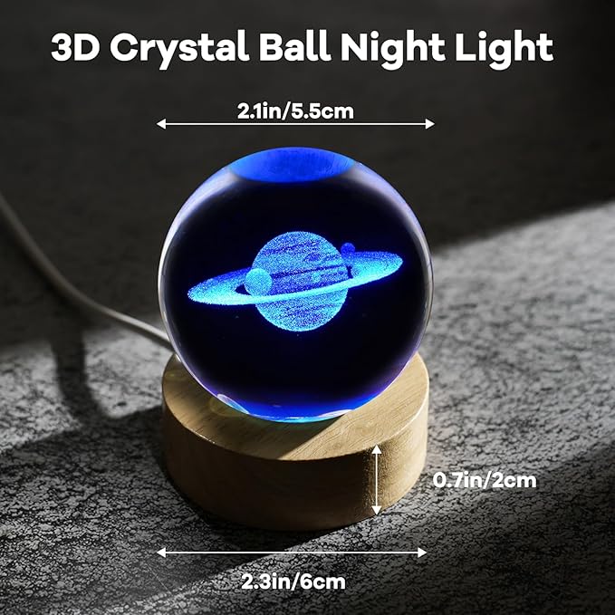 3D Saturn Crystal Ball Night Light 2.4in Saturn Planet Glass Sphere Lamps Decor with 16 Colors Change Remote Control Galaxy Birthday Christmas Gifts for Friends Kids