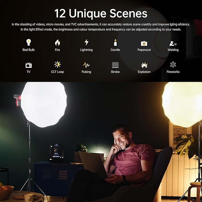 GVM 300W Photography Lighting Bi-Color Video Light with Bowens Mount Lantern Softbox and Stand CRI 97+ CCT 2700K~6800K 12 Lighting Scenes App Control Studio Lights for Photography