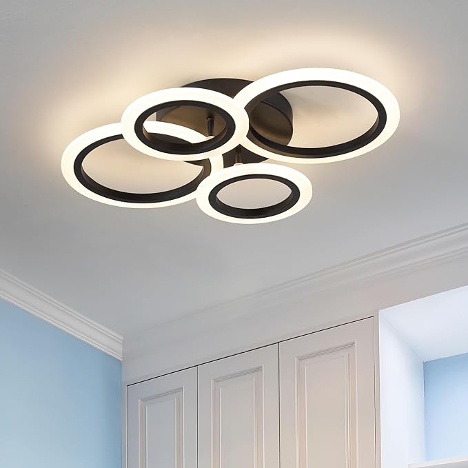 34W Modern LED Ceiling Light, 3000K-6000K Dimmable Ceiling Lighting Fixtures Ceiling Mount 4 Rings Black LED Chandelier Bedroom Lights Flush Mount with Remote for Kitchen, 2720LM