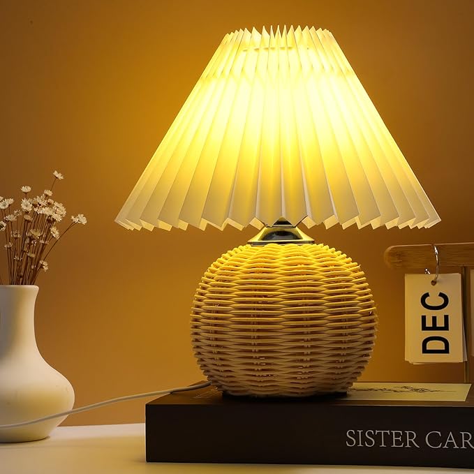 STOBAZA Table Lamp with Pleated Lampshade Small Night Light USB Port Soft Ambient Light for Bedroom Office Dormitory 11.02X9.44X9.44In Compact Bedside Desk Lamp
