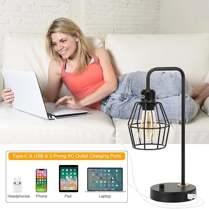 Industrial Dimmable Table Lamps Set of 2, Modern Black Bedside Lamp with USB A+C Outlet Charging Ports, Farmhouse Lamp with Metal Cage Shade for Bedroom, Office, Living Room, Bulb Included