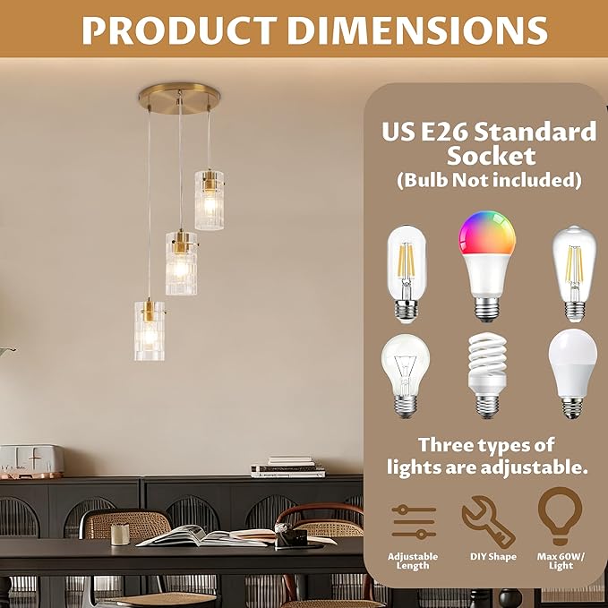 Modern Glass Pendant Light, Copper Finish 3-Light Chandelier for Kitchen Island/Dining, Height Adjustable, E26 Sockets, Bulbs Not Included