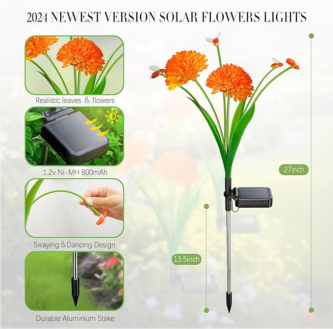 Solar Garden Lights, 8 Pack Solar Swaying Bee Lights with Flowers, Waterproof Firefly Light Outdoor for Garden Patio Yard Pathway Fall Decoration, Gifts for Women Mother's Day