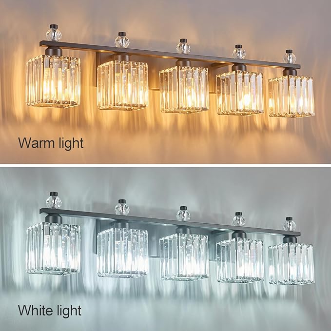 Vanity Lights 5-Light Modern Crystal Vanity Light Sand Black Bathroom Light Fixtures Over Mirror Crystal Bathroom Vanity Lighting Fixtures