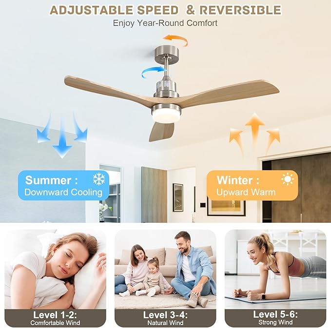 Sofucor 52 Inch Ceiling Fans With Lights, Solid Wood Indoor/Outdoor Ceiling Fan with Lights Remote Control, Reversible DC Motor, 3 Blade Modern Ceiling Fan Light for Bedroom Patio Farmhouse