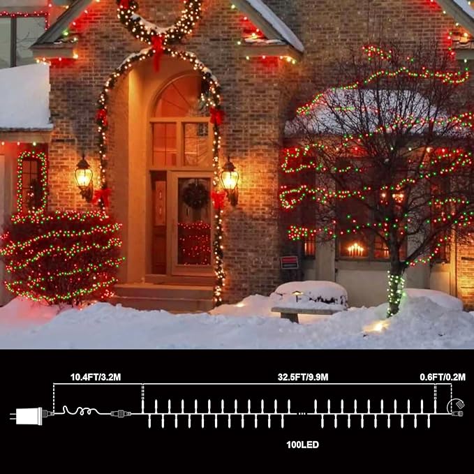 Red Green Christmas Mini Lights, 32.5FT 100 LED String Lights with 16 Light Modes, Fairy Lights Plug in for Outdoor Xmas Trees Garland Wreath Holiday Decorations