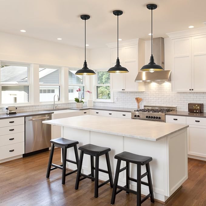 Farmhouse Pendant Lights with 10 Inch Dome, Barn Style Ceiling Mounted Light Fixture for Kitchen, Dinning Room, Black Hanging Lighting for Indoor and Outdoor Use, Height Adjustable