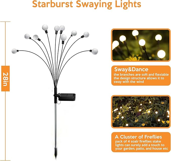 Solar Garden Lights - Pack of 4 Firefly with 2 Mode, Sway by Wind, Waterproof Outdoor for Yard Patio Walkway Decoration (Colorful)