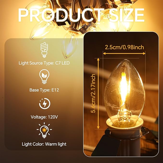 Leelosp 2 Pack Christmas Village Light Cords with 24 C7 LED Bulbs and Outlet, Each 16.4 ft Blow Mold Light Cords for Christmas Village Accessories Holiday Tree Decor and Craft Projects