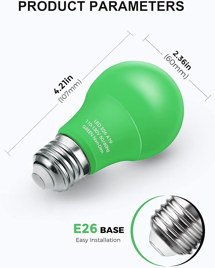 Green Light Bulb【 4 Pack】, 9W (60W Equivalent) A19 Green Light Bulbs, E26 Base Non-Dimmable,720LM 120V Porch Light, LED Colored Light Bulbs for Christmas Decor Party Holiday Lighting